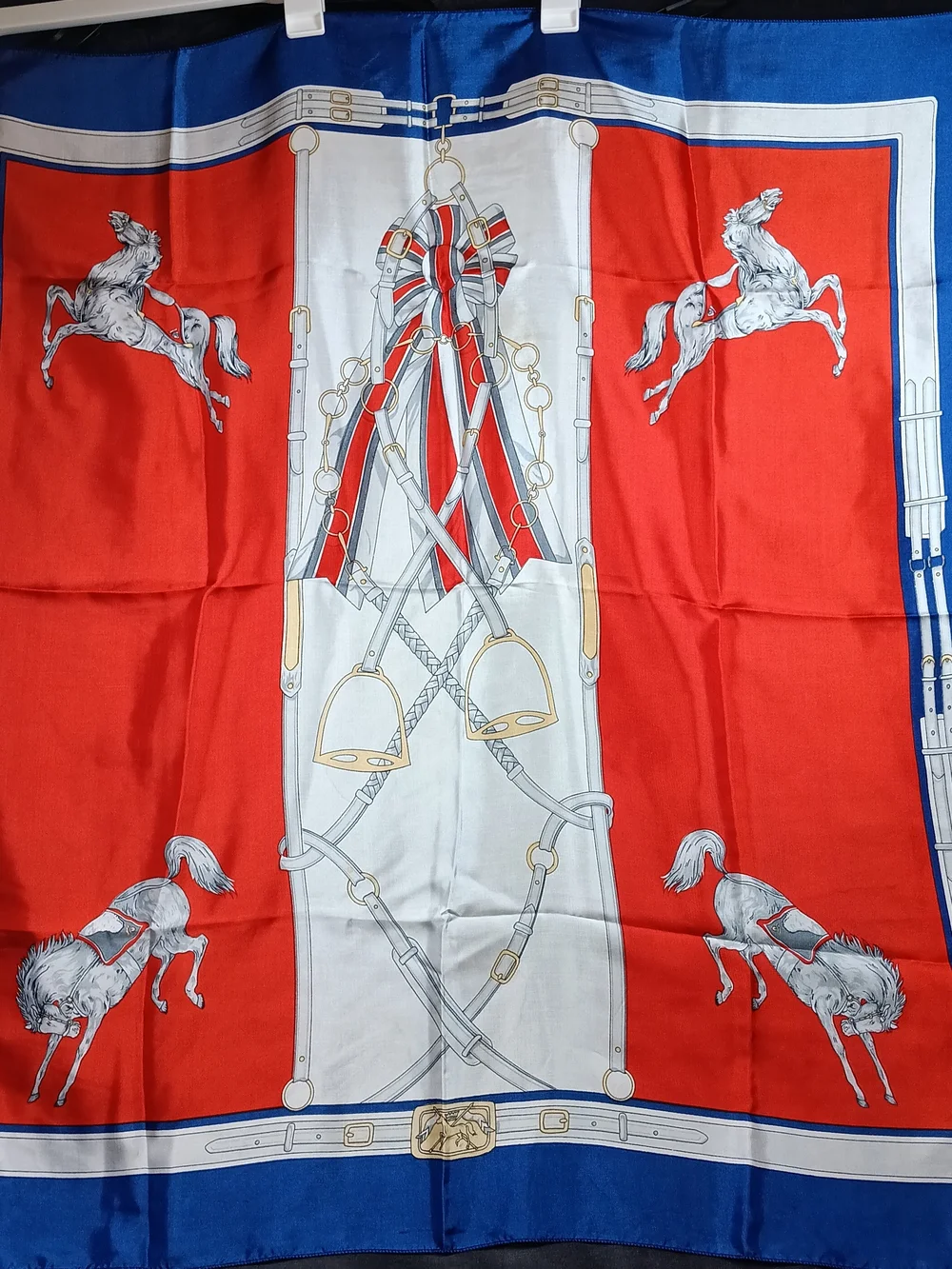 Equestrian Print Silkfeel Scarf in Red, Blue & White